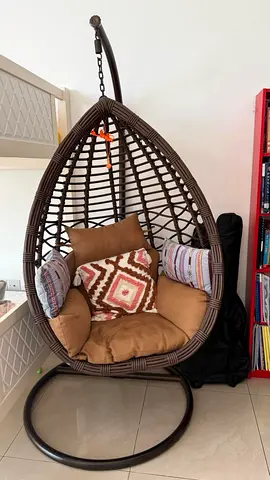 Brown Rattan Hanging Egg Chair with Stand and Cushions