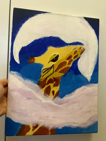 Hand-painted giraffe with moon and clouds on canvas