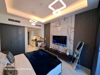 Brand new designer equipped  furnished studio directly pool  gym view big balcony for rent