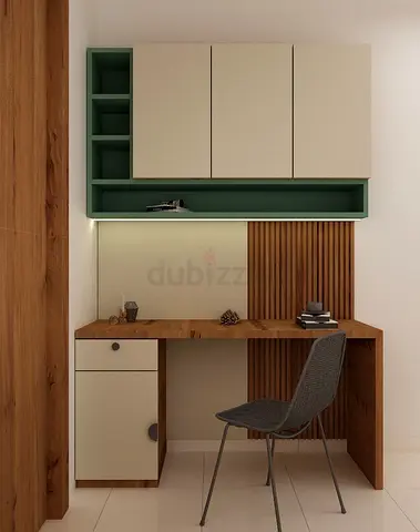 Compact wall-mounted study desk with overhead storage and drawers