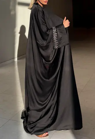 Black Satin Abaya with Embellished Cuffs - Very Good Condition