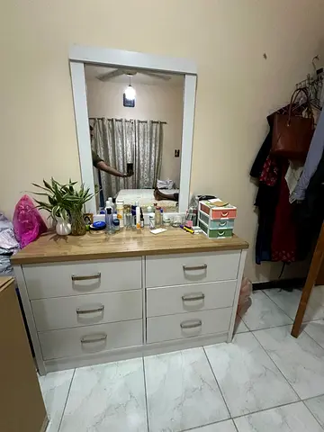 White 6-Drawer Dresser with Mirror, Wooden Top - Good Condition