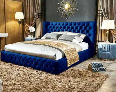 Blue Velvet Tufted King Bed with Low Platform Frame
