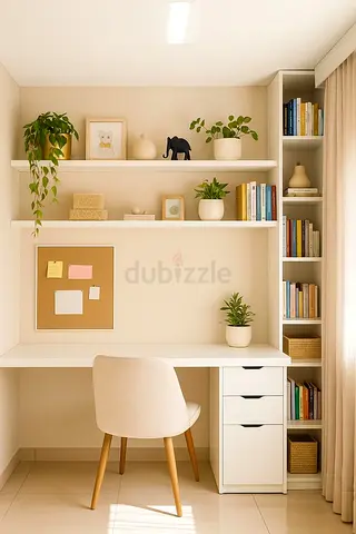 white study desk with drawers and built-in shelving