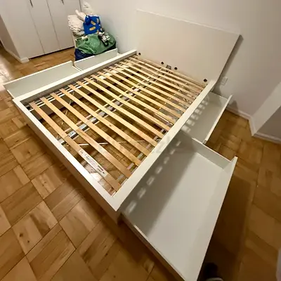 White Bed Frame with Four Large Storage Drawers and Slats