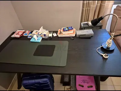 Simple black study desk with lamp - good condition