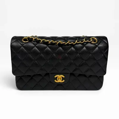 AUTHENTIC CHANEL MEDIUM CLASSIC DOUBLE FLAP BLACK CAVIAR LEATHER WITH GOLD HARDWARE