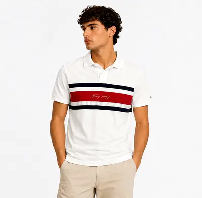 Tommy Hilfiger Mens White Polo Shirt with Red  Navy Stripes - M