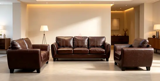 Genuine brown leather 3-seater sofa with two matching armchairs - excellent condition