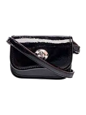Coach Coachtopia Wavy Dinky bag in black crinkle patent leather featuring a signature resin turnlock