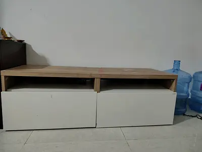 Low TV Stand / Media Console with Storage - Light Wood  White Drawers