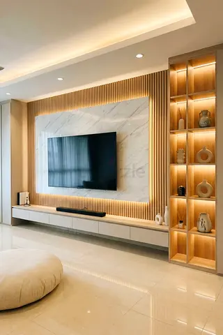 Modern built-in entertainment center with display shelving
