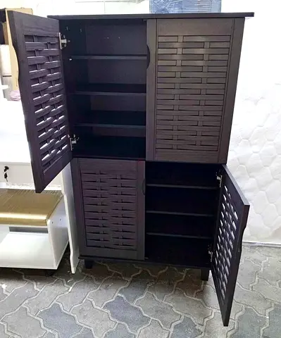 Dark Wood Shoe Cabinet with Slatted Doors