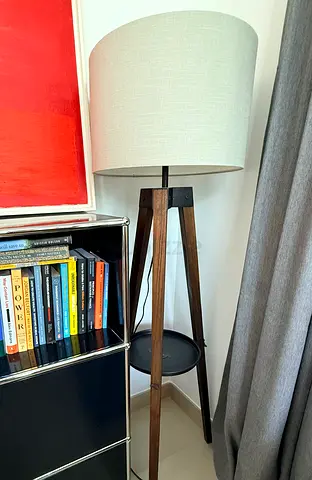 Set if 2 West Elm Wood Tripod Floor Lamp with Fabric Shade and Small Tray