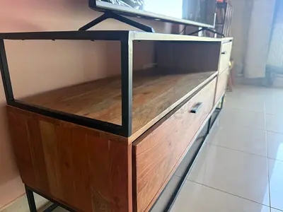 Solid Wood TV Console with Black Metal Frame - Modern Industrial
