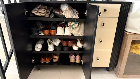 Black Wooden Shoe Cabinet with 4 Shelves and Side Drawers