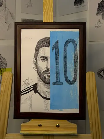 Framed Pen Ink Portrait of Footballer Messi with Number 10 — Signed