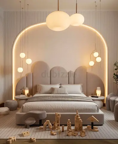 Modern upholstered king bed with integrated headboard and mattress
