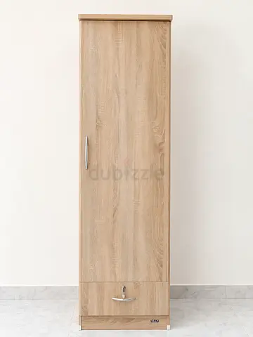 Slim single-door wooden wardrobe with bottom drawer - light oak finish
