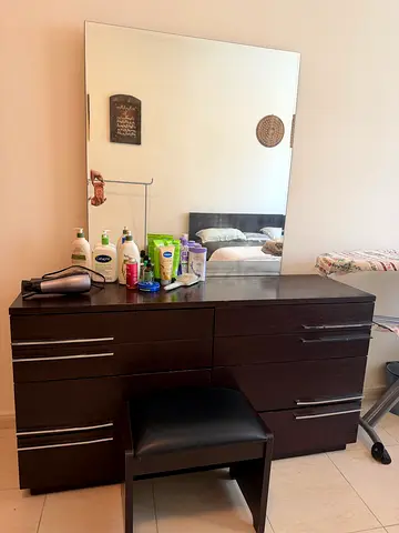 EXPAT LEAVING- Dark wood dresser with large mirror and stool - good condition