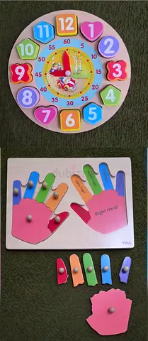 Wooden Learning Clock and Hand-Shape Puzzle Set - Educational Toys for Toddlers
