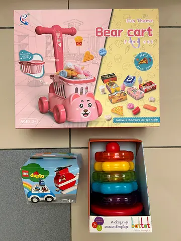 Collection of Toys, Bear Cart Food Set LEGO Duplo and Battat Stacking Rings
