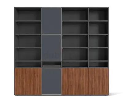 Large Modern Wall Bookcase with Cabinet Storage - Dark Grey  Wood Finish