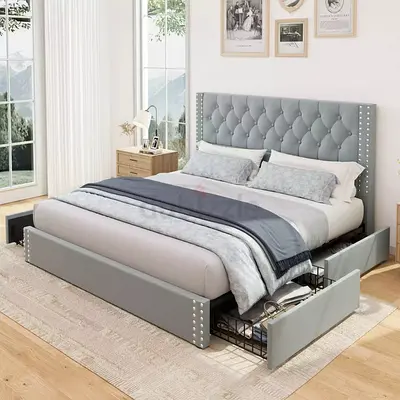 Light gray soft velvet nailhead king drawers bed frame