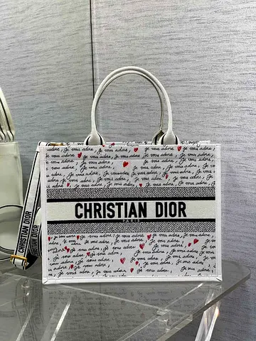 Dior Dioramour Medium Book Tote Bag with Strap in Je Vous Adore Embroidery and White Calfskin