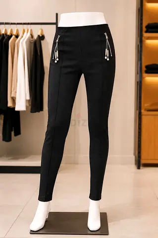 Black Slim High-Waist Stretch Trousers with Zip Detail