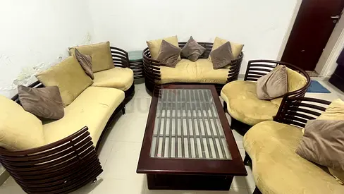 Solid wood living room sofa set with glass-top coffee table - 5 pieces