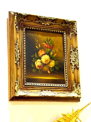 Framed Vintage Floral Oil Painting with Ornate Gold Frame