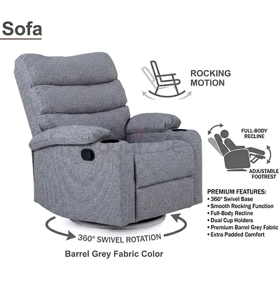 Barrel Grey Fabric Recliner Sofa with 360° Swivel  Rocking Motion