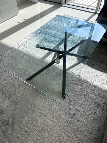 Glass Top Dining Table with Metal Cross Base - Excellent Condition