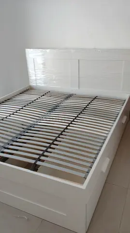 Brimnes white wooden double bed frame with slatted base (good condition)