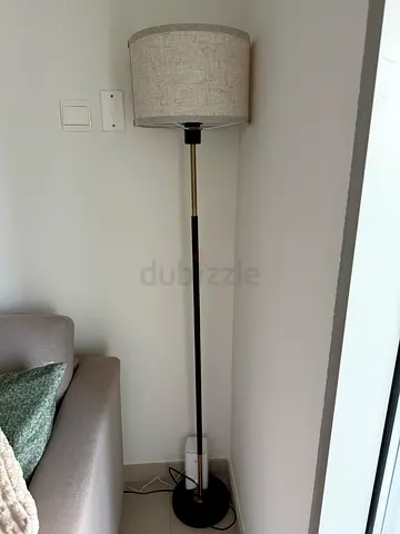 Modern black metal floor lamp with fabric shade - good condition