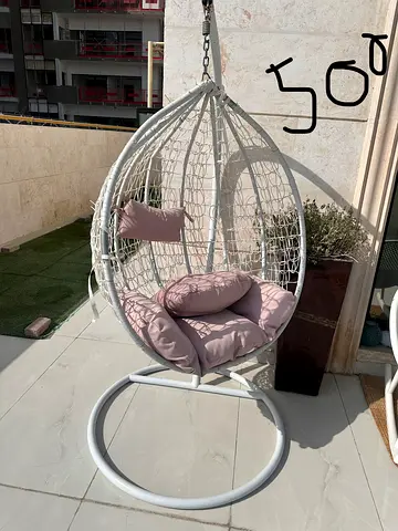 White Rattan Hanging Egg Chair with Cushions - Good Condition