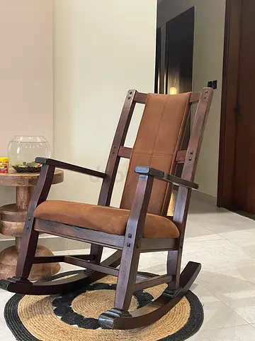 Wooden rocking armchair with suede cushions - sturdy, good condition