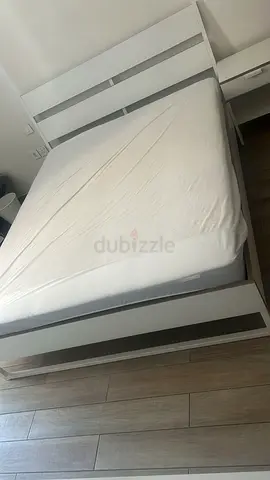 Ikea White Queen Bed Frame + Mattress with Headboard and Side Table - Good Condition