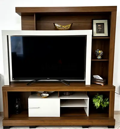 Wooden TV Entertainment Unit with Shelves and White Accent
