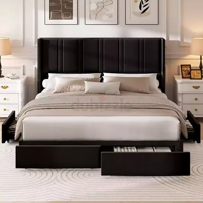 Black soft velvet upholstered 4 drawers queen bed frame