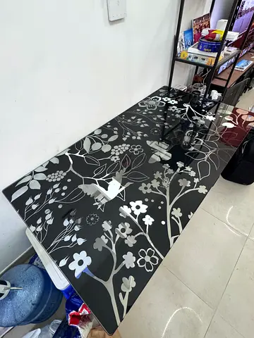 Black Floral Glass Top Dining Table - 6 Seater (Used)