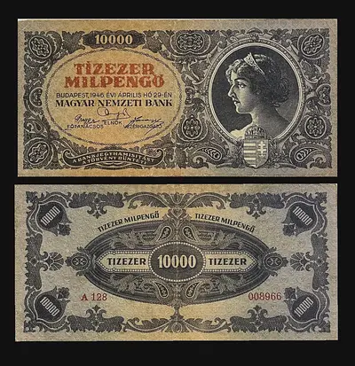 10,000 Milpengő banknote issued by the Hungarian National Bank in 1946
