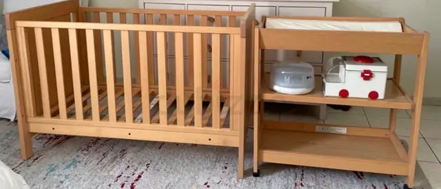 Urbane by Booni convertible wooden crib with changing table - light beech. Wooden Shelves included.