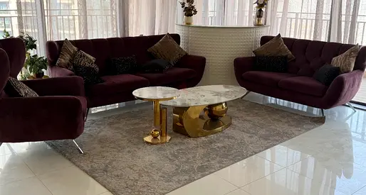 Plum Velvet 3-Piece Sofa Set with Marble Coffee Tables