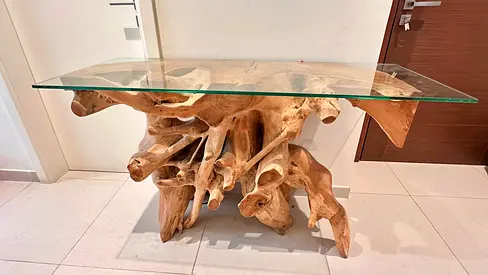 Natural Teak Root Console Table with Glass Top from Marina Homes brand