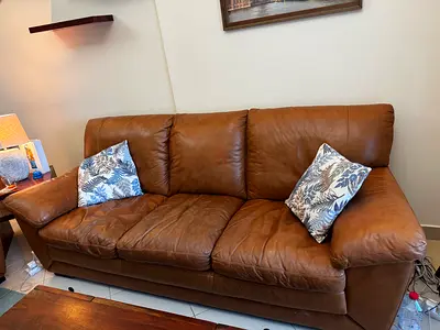 Genuine Brown Leather 3-Seater Sofa - Comfortable, Good Condition