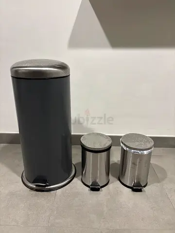 Set of 3 Stainless Steel Pedal Bins (Black  Silver) - Good Condition