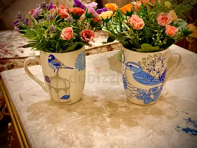 Set of 2 Ceramic Bird Design Mugs (used as decorative vases)