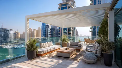 Outdoor pergola with seating set and coffee table - balcony-ready